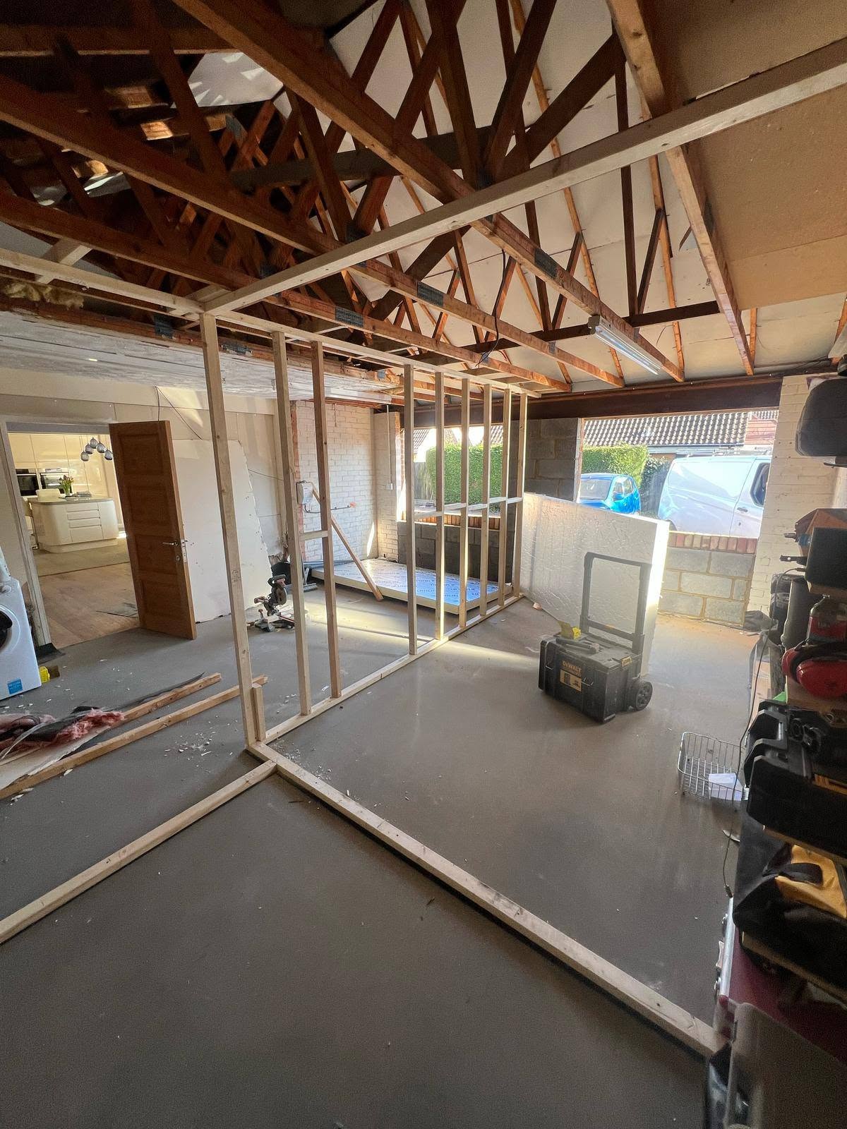 Double garage annexe conversion in progress — stud wall framing and room layout, Chelmsford